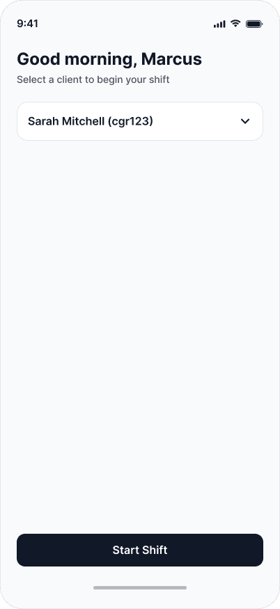 Notfyr client selection and shift start confirmation screen